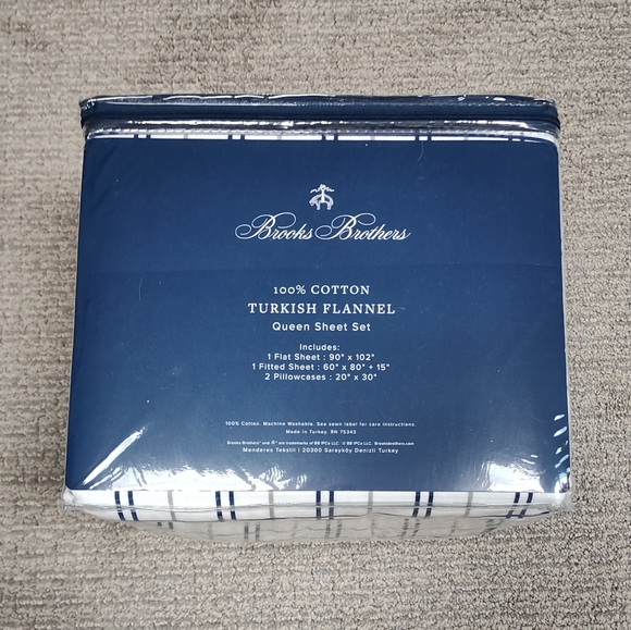 NWT! Brooks Brothers Blue Plaid Turkish Flannel Queen Size Sheet Set 100% Cotton - Picture 2 of 3